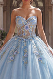 Strapless Sky Blue Appliqued Corset Ball Gown Quinceañera Dress