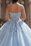 Strapless Sky Blue Appliqued Corset Ball Gown Quinceañera Dress