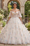 Floral Champagne Off the Shoulder Quinceañera Dress with Puff Sleeves