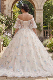 Floral Champagne Off the Shoulder Quinceañera Dress with Puff Sleeves