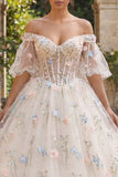 Floral Champagne Off the Shoulder Quinceañera Dress with Puff Sleeves