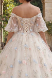 Floral Champagne Off the Shoulder Quinceañera Dress with Puff Sleeves