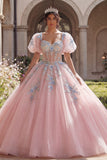 Appliqued Pink Ball Gown Corset Quinceañera Dress with Puff Sleeves