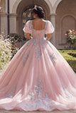 Appliqued Pink Ball Gown Corset Quinceañera Dress with Puff Sleeves