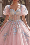 Appliqued Pink Ball Gown Corset Quinceañera Dress with Puff Sleeves