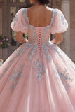 Appliqued Pink Ball Gown Corset Quinceañera Dress with Puff Sleeves
