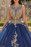 Ball Gown Navy Appliqued Quinceañera Dress