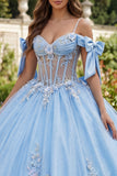 Cold Shoulder Sky Blue Corset Quinceañera Dress with Appliques