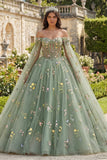 Ball Gown Dusty Sage Floral Off the Shoulder Corset Quinceañera Dress with Cape Sleeves