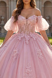 Ball Gown Pink Off the Shoulder Quinceañera Dress with Puff Sleeves