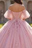 Ball Gown Pink Off the Shoulder Quinceañera Dress with Puff Sleeves