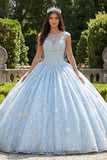 Bateau Neck Sky Blue Ball Gown Quinceañera Dress with Beadings
