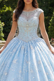 Bateau Neck Sky Blue Ball Gown Quinceañera Dress with Beadings