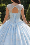 Bateau Neck Sky Blue Ball Gown Quinceañera Dress with Beadings