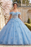 Sky Blue Off the Shoulder Beaded Corset Quinceañera Dress with 3D Flowers
