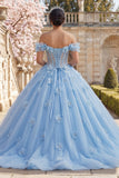 Sky Blue Off the Shoulder Beaded Corset Quinceañera Dress with 3D Flowers