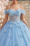 Sky Blue Off the Shoulder Beaded Corset Quinceañera Dress with 3D Flowers