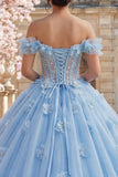 Sky Blue Off the Shoulder Beaded Corset Quinceañera Dress with 3D Flowers