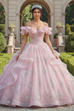 Pink Ruffled Off the Shoulder Ball Gown Long Quinceañera Dress