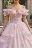 Pink Ruffled Off the Shoulder Ball Gown Long Quinceañera Dress