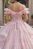 Pink Ruffled Off the Shoulder Ball Gown Long Quinceañera Dress