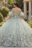 Ball Gown Appliqued Sage Green Quinceañera Dress with Puff Sleeves