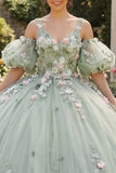 Ball Gown Appliqued Sage Green Quinceañera Dress with Puff Sleeves