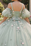 Ball Gown Appliqued Sage Green Quinceañera Dress with Puff Sleeves
