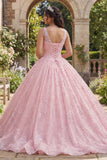 Corset Pink V-Neck Long Quinceañera Dress with Appliques