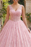 Corset Pink V-Neck Long Quinceañera Dress with Appliques