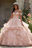 Beaded Off the Shoulder Pink Ruffled Quinceañera Dress