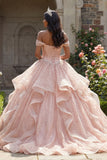 Beaded Off the Shoulder Pink Ruffled Quinceañera Dress