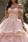 Beaded Off the Shoulder Pink Ruffled Quinceañera Dress