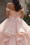 Beaded Off the Shoulder Pink Ruffled Quinceañera Dress