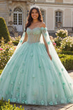 Light Green Beaded Off the Shoulder Quinceañera Dress with Cape Sleeves