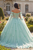 Light Green Beaded Off the Shoulder Quinceañera Dress with Cape Sleeves
