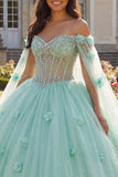 Light Green Beaded Off the Shoulder Quinceañera Dress with Cape Sleeves