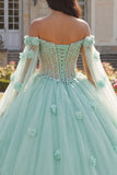 Light Green Beaded Off the Shoulder Quinceañera Dress with Cape Sleeves