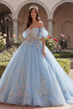 Sky Blue Off the Shoulder Ball Gown Appliqued Quinceañera Dress with Puff Sleeves
