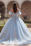 Sky Blue Off the Shoulder Ball Gown Appliqued Quinceañera Dress with Puff Sleeves