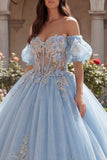 Sky Blue Off the Shoulder Ball Gown Appliqued Quinceañera Dress with Puff Sleeves