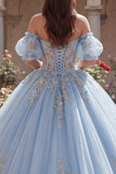 Sky Blue Off the Shoulder Ball Gown Appliqued Quinceañera Dress with Puff Sleeves