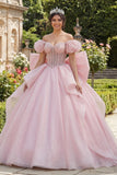 Off the Shoulder Ruffled Pink Quinceañera Dress with Back Bow
