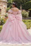 Off the Shoulder Ruffled Pink Quinceañera Dress with Back Bow