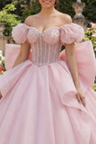 Off the Shoulder Ruffled Pink Quinceañera Dress with Back Bow