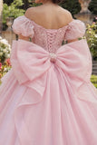 Off the Shoulder Ruffled Pink Quinceañera Dress with Back Bow