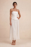 White Floral Spaghetti Straps A Line Pleated Midi Engagement Dress