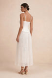 White Floral Spaghetti Straps A Line Pleated Midi Engagement Dress