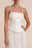 White Floral Spaghetti Straps A Line Pleated Midi Engagement Dress