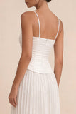 White Floral Spaghetti Straps A Line Pleated Midi Engagement Dress